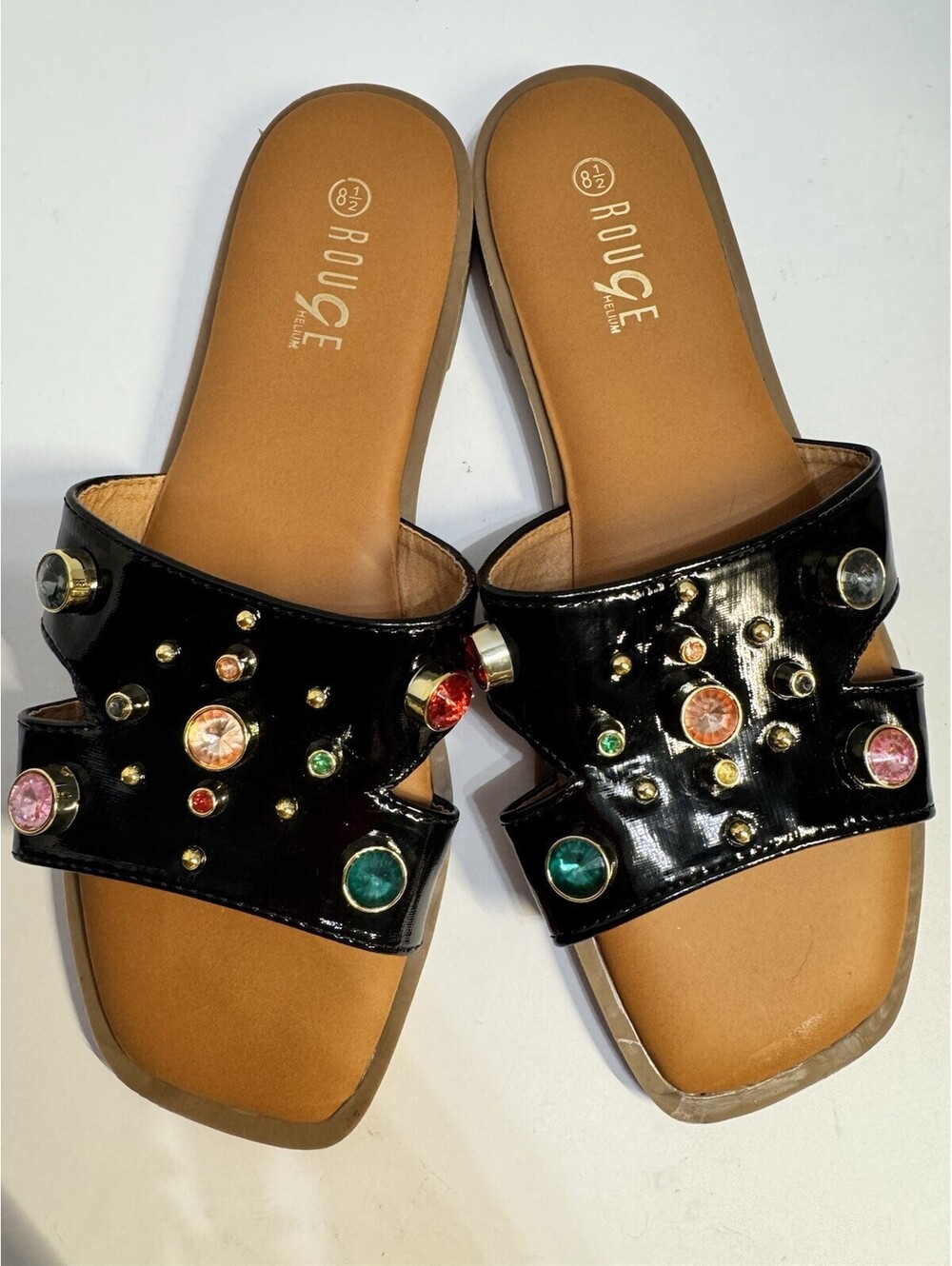 Rouge Helium Women's Black Patent Leather Square Toe Flats w/ Colorful Studs